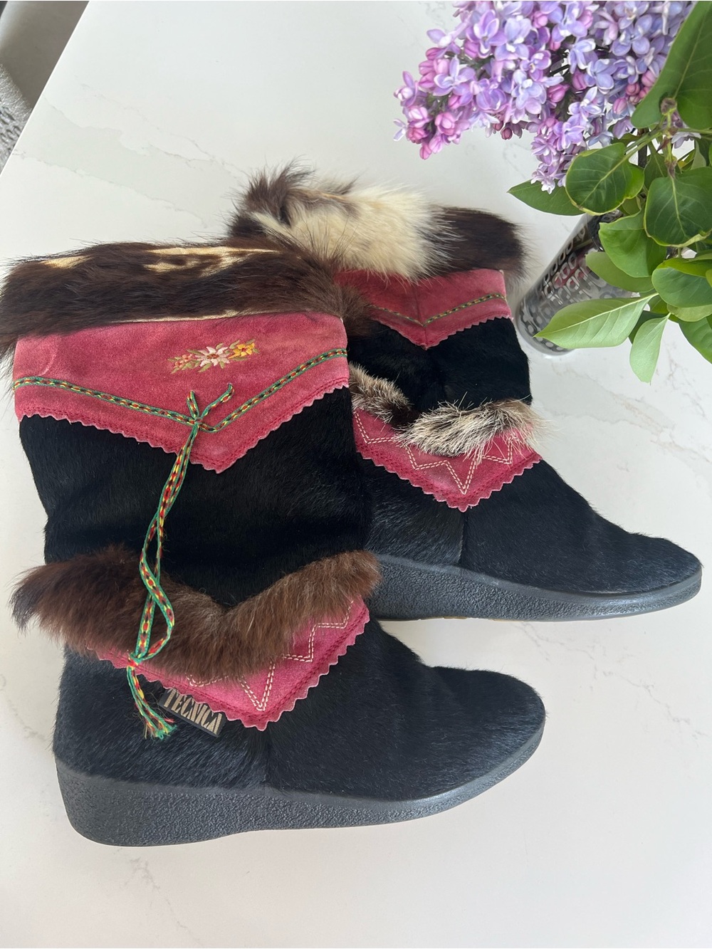Tecnica Black and Burgundy Fur-Trimmed Wedge Winter Boots